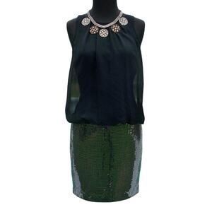 Cache Black Pewter Sheer Illusion Top Sequin Bottom Dress New Lined $188 NWT